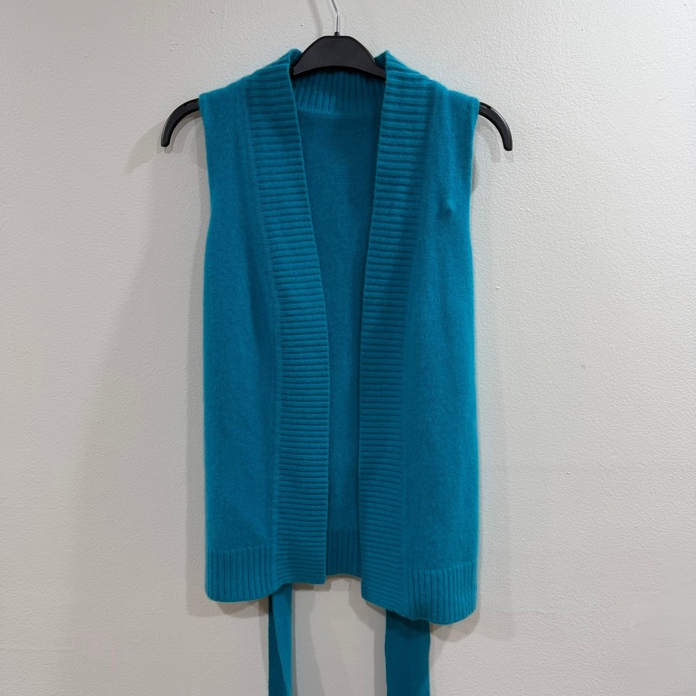 Unbranded Cashmere Sweater Vest Women Size M Teal Blue Open Front Belted Wool